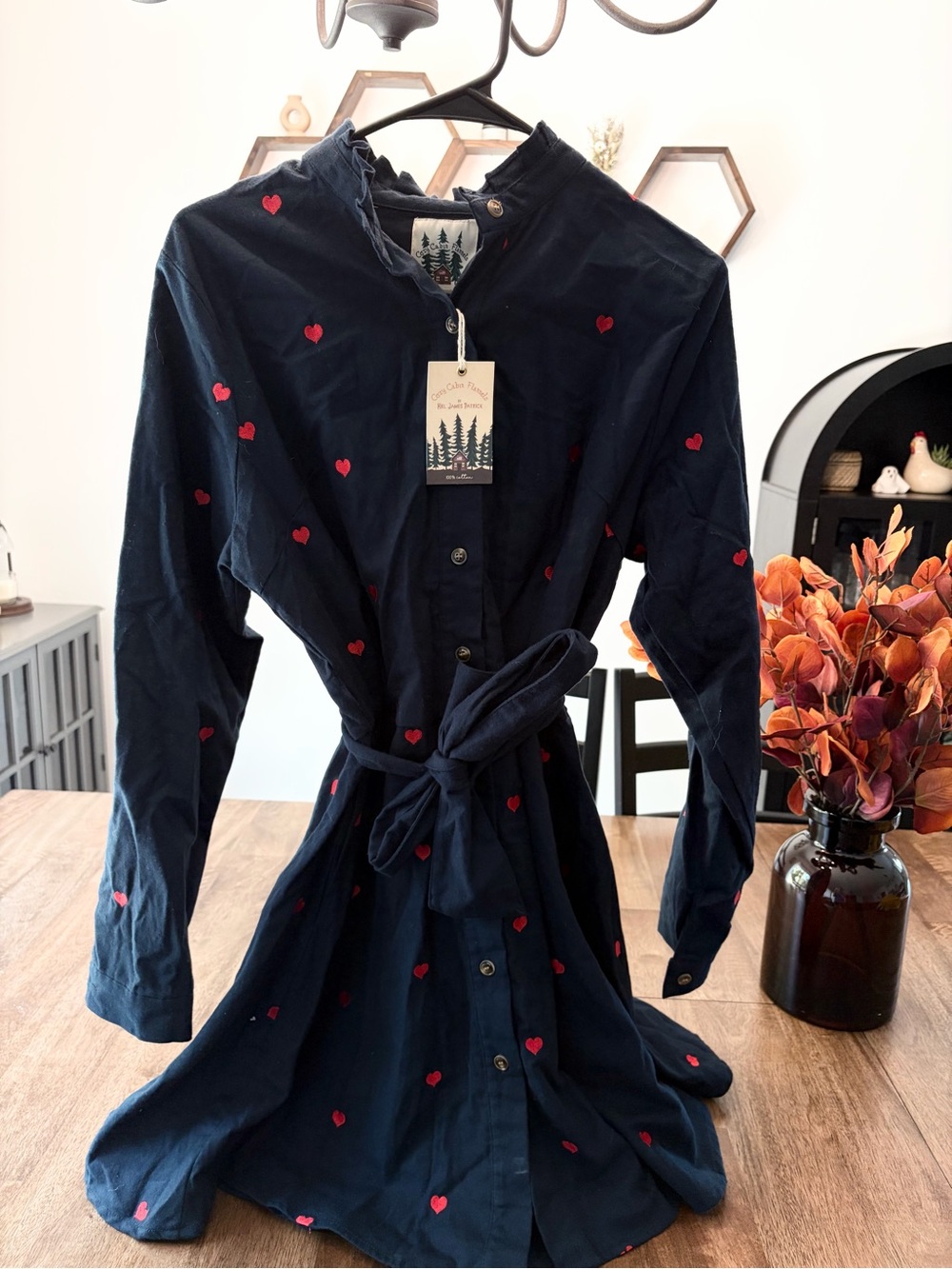 Kiel James Patrick Navy Dress with Red Heart Embroidery